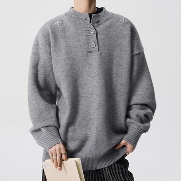 Unisex Autumn & Winter Henley Collar Embroidered Sweater - Trendy Solid Color Knitwear