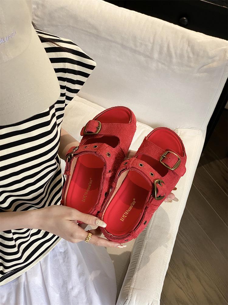 

Boken тапочки женские кожаные коровья замша нескользящие пляжные туфли 2025 лето уличные сандалии на плоской подошве Boken крутые тапочки 35 красный