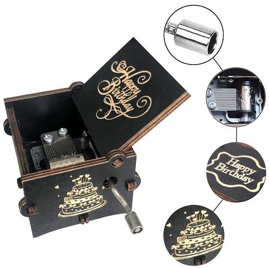 Wooden Uniq Carved Hand Crank Happy-Birthday-Black Theme Music Box
