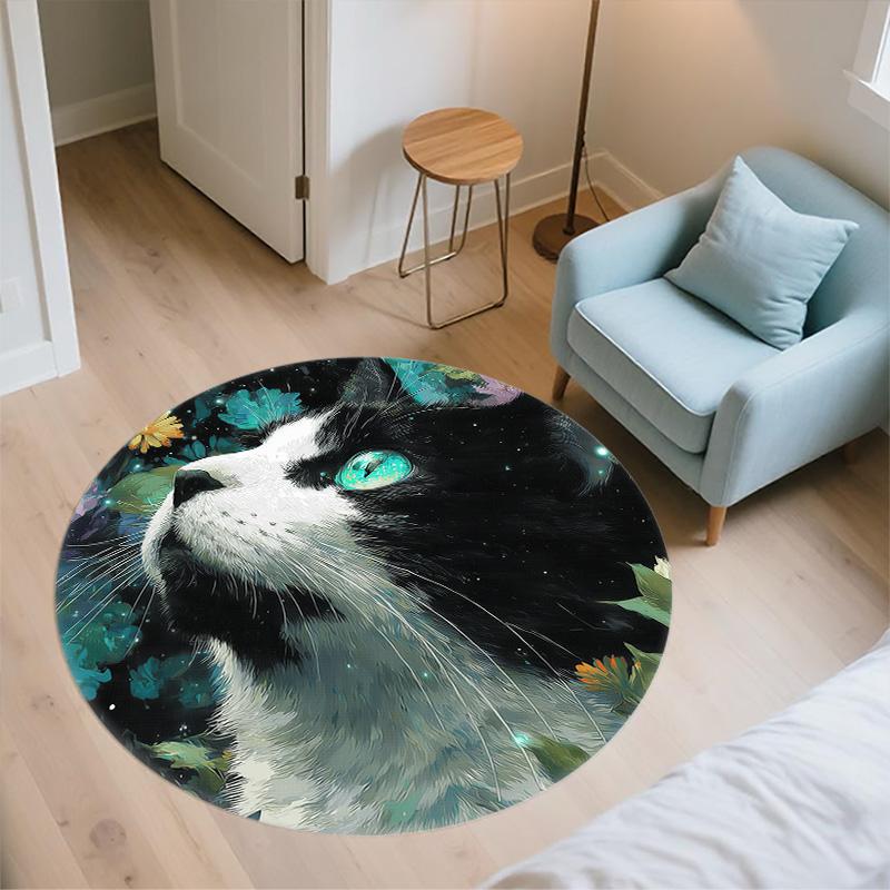 Flower Black and White Cat,Round Area Rug,Carpet Rug for Living Room Bedroom Sofa Playroom Decor,Non-slip Floor Mat