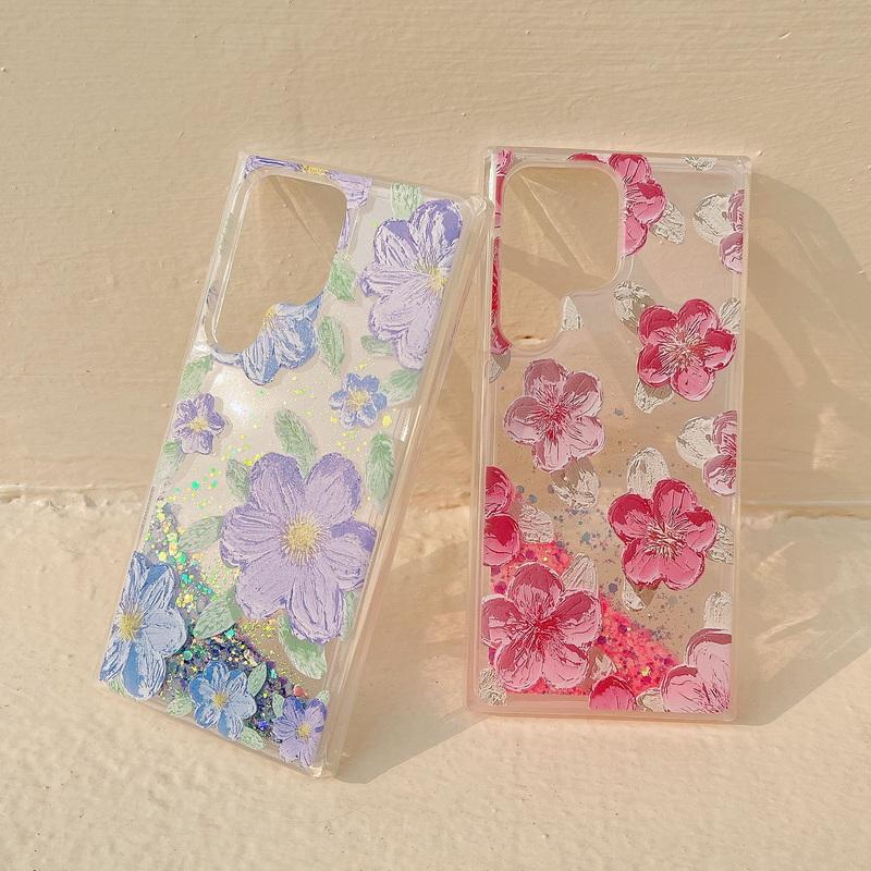 Leuchtende Flüssig-Treibsand-Hülle mit Blumendruck für Samsung S25 Ultra S24 Plus S23 S22 A55 A35 A15 Transparent Stoßfest Anti-Fall Handyhülle