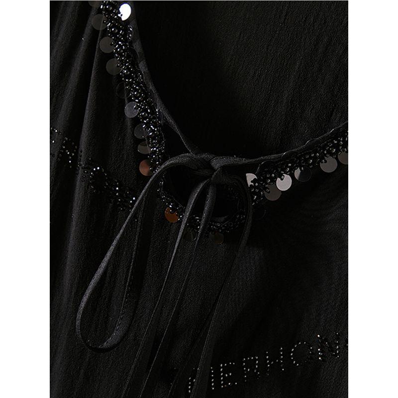 European Trendy Large Version Tops! Women's Washed Ramie Cotton Water Soluble Diamond Sequin Mixed Lace up Peter Pan Collar T-shirt Summer