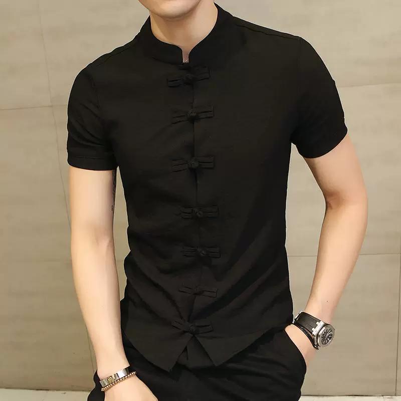 Summer Chinese Style Solid Color Shirt Men's Disc Buckle Stand-up Collar Thin Slim Short-sleeved Shirt Plus Size Men