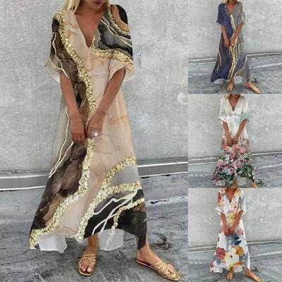 Women's Summer Maxi Dress Deep V-Neck Half Sleeve Long Dresses Casual Trend Printed Dress