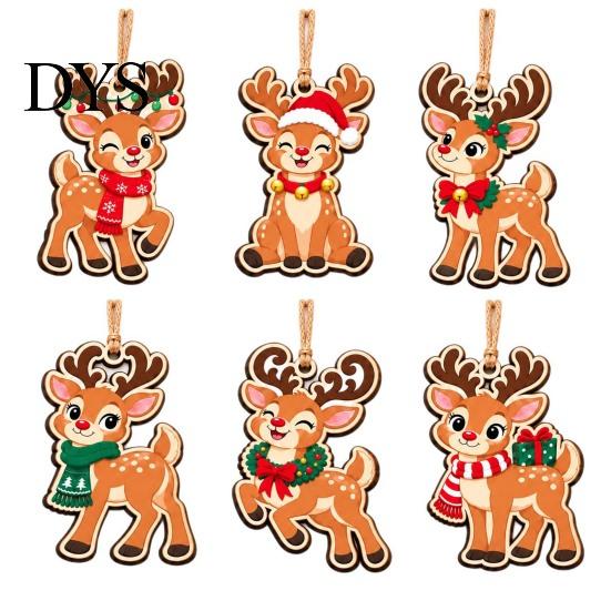 Winter Seasonal Ornaments 6Pcs Wooden Reindeer Christmas Ornament, Cute Deer Hanging Decor Tree Accessories with Jute String, Holiday Pendant for Home