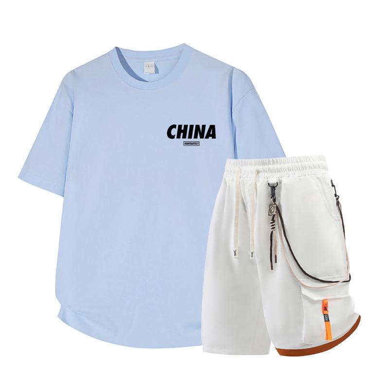 Dmo Men's Short Sleeved Set Summer Short Sleeved Slim Fit Upper Garment Men's Two-piece Set