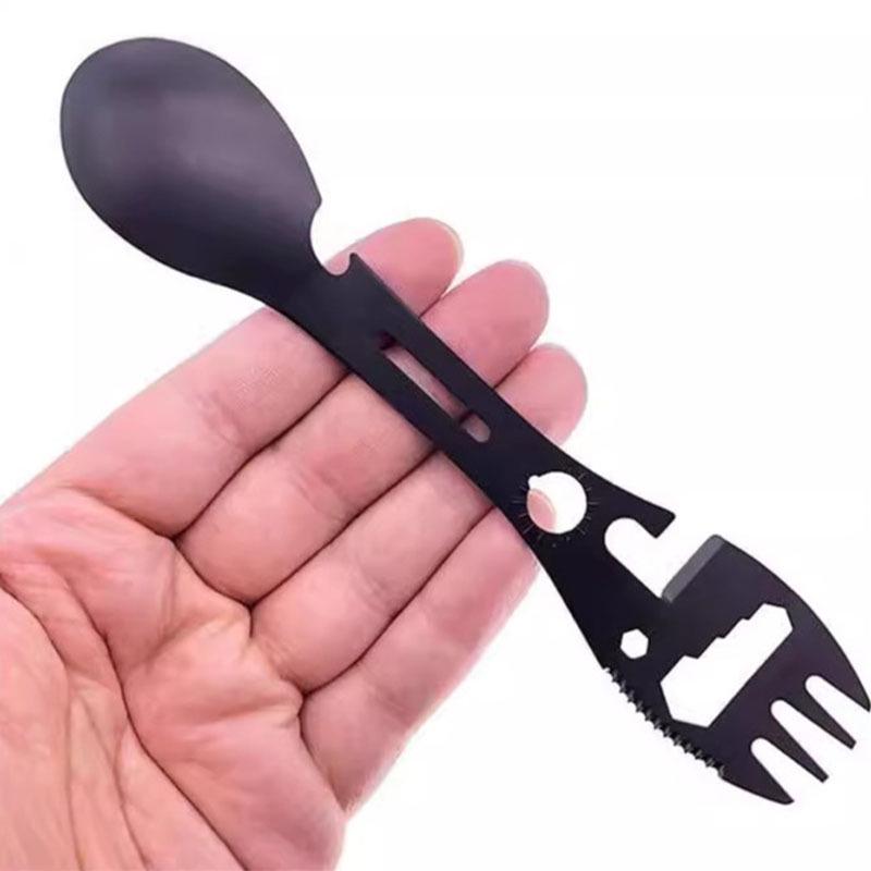 Нержавеющая сталь Набор вилки и ложки для улицы Многофункциональная походная посуда чёрный