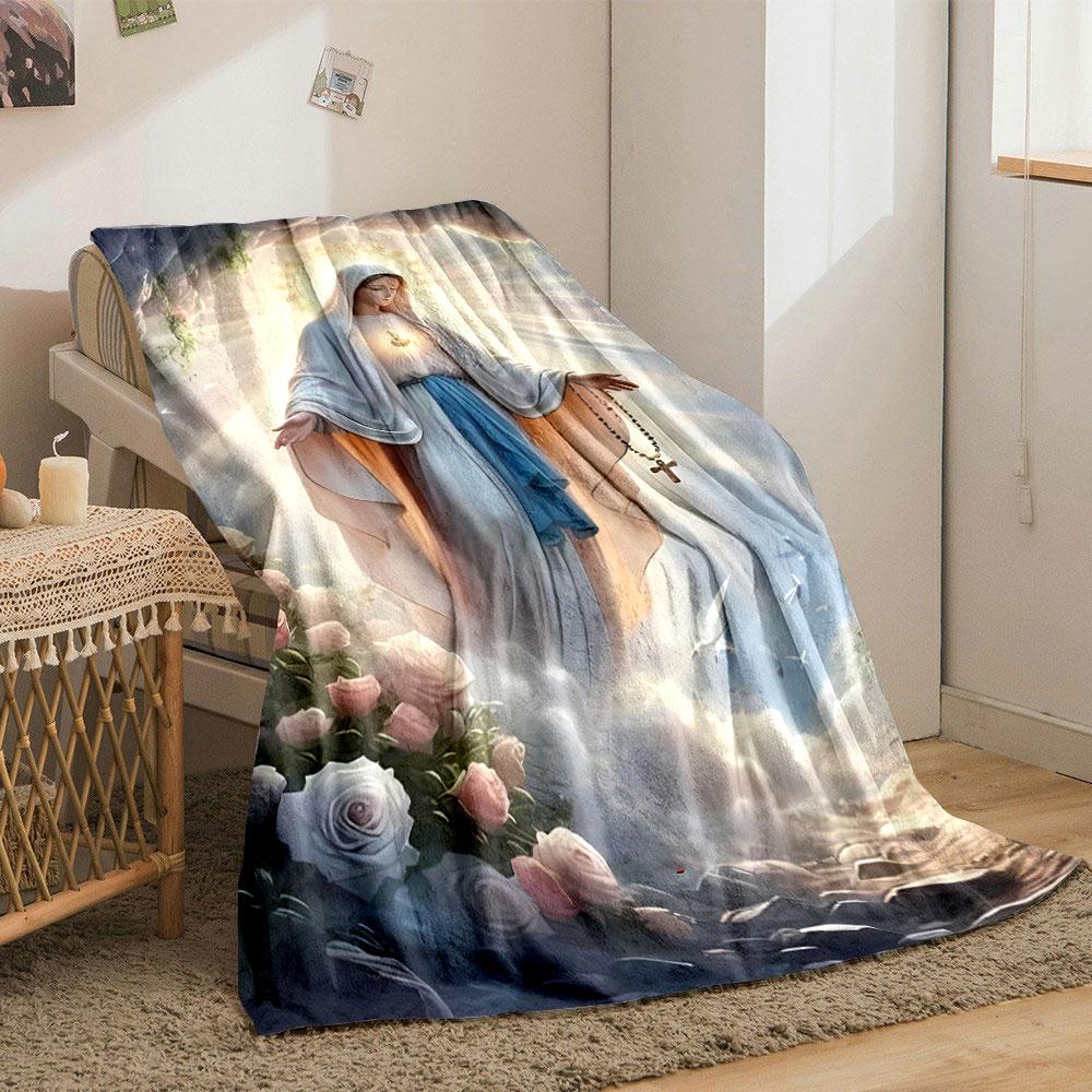 Blessed Mother Rosary Floral Throw Blanket Printed Blanket for Living Room Bed Couch lunch break Soft Cozy Blanket for Friend's festival Gift