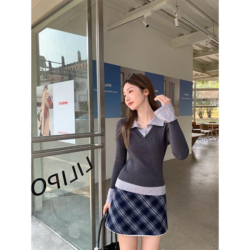 Spring Autumn Polo-neck Fake Two Pieces Knitting Top Women Casual Fashion All-match Pullover Bottomed Sweater