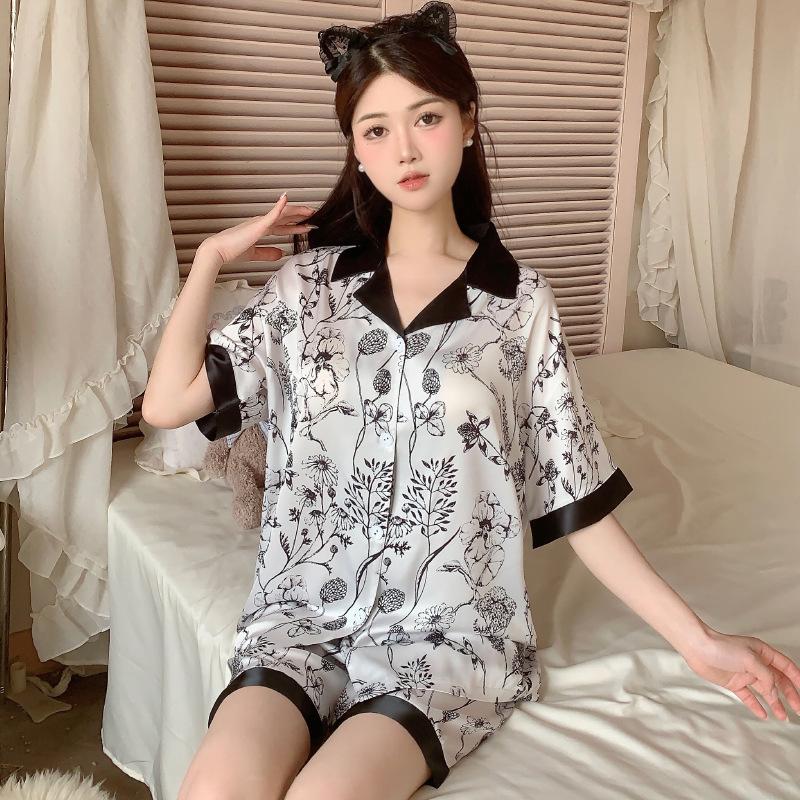 Popular Simulation Silk Pajamas Women'S Fashion New Chinese Flower Printing Short-Sleeved Loungewear Set