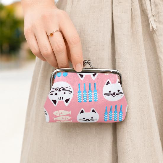 Cartoon Cat Coin Purse, Women Cute Kitten Change Purse, Kiss Lock Small Purse for Coins Cards Folded Cash