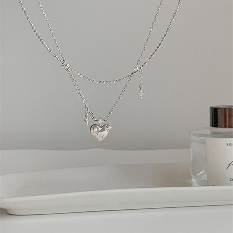 New 925 Silver Heart-Shaped Double Layered Tassel Necklace For Women Exquisite Cross Star Collarbone Chain JewelryGift