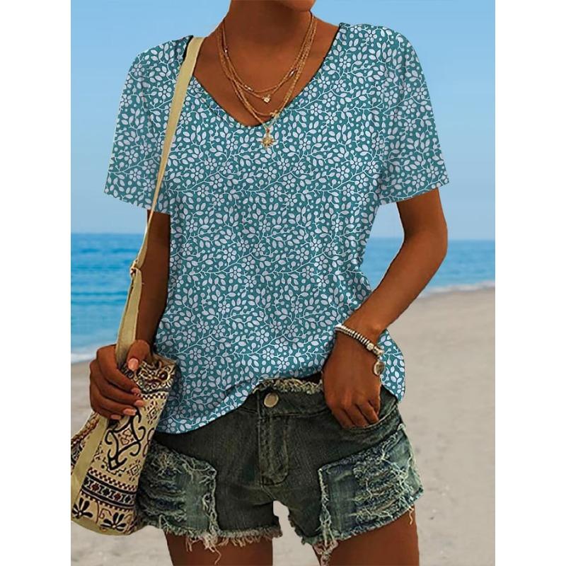 Summer V-neck 3D Flower Printed Top Fashionable Casual Short Sleeved Women's T-shirts