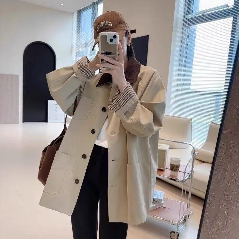 Korean Women's Plaid Stand Collar Windbreaker Jacket, Spring/Autumn 2025, Loose Mid-Length Coat