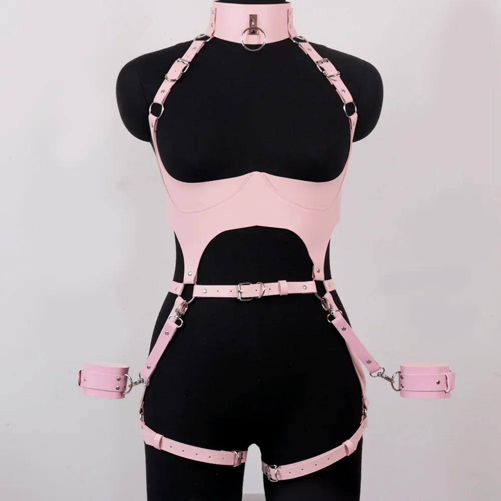 Pink Sexy League Body BH Damen Gürtel Geschirr Gothic Leder Strumpfband Harajuku Geschirr BH Käfig Enge Fesselung Verstellbar 3 STÜCKE