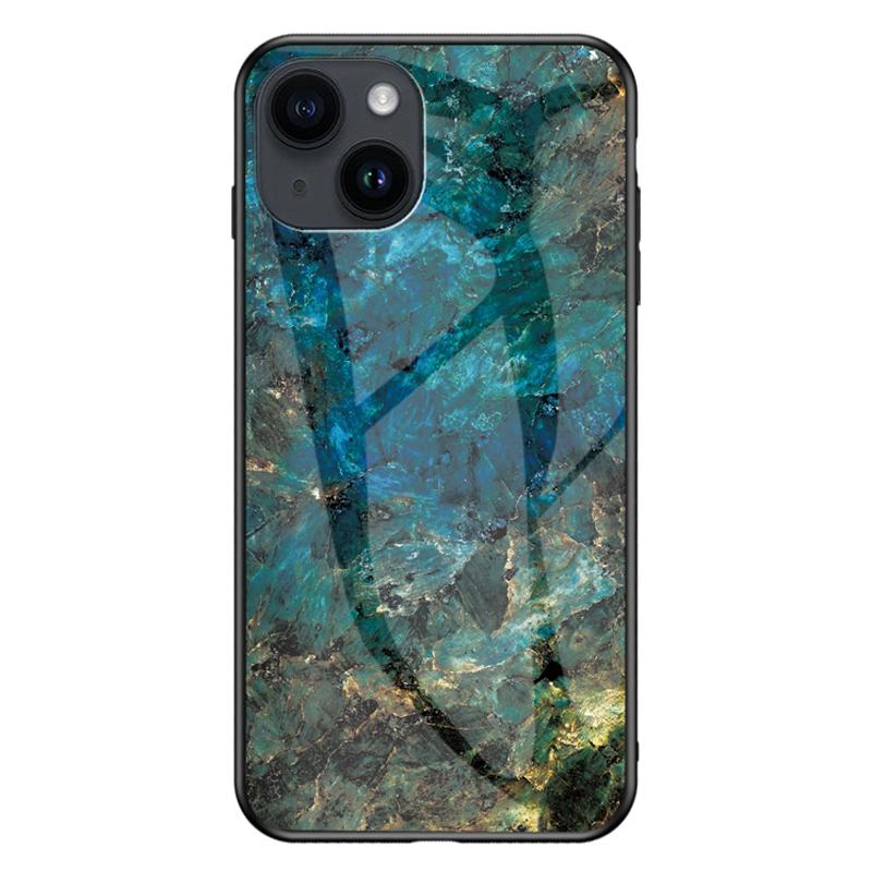

For iPhone 15 Marble Pattern Back Cover Tempered Glass+PC+TPU Anti-Scratch Phone Case Emerald Marble
