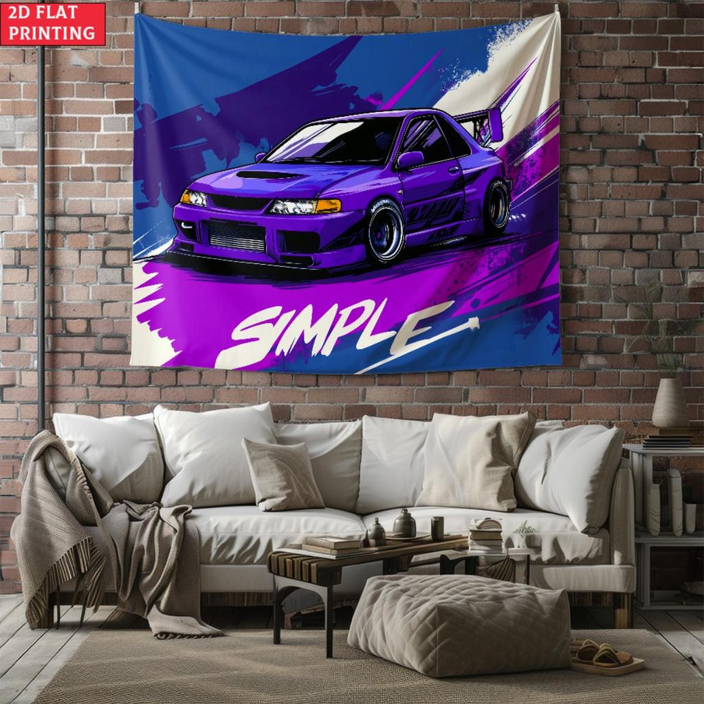 Vibrant Purple JDM Sports Car Tapestry Modified Drift Car with SIMPLE Quote Wall Hanging Car Lover Room Decor
