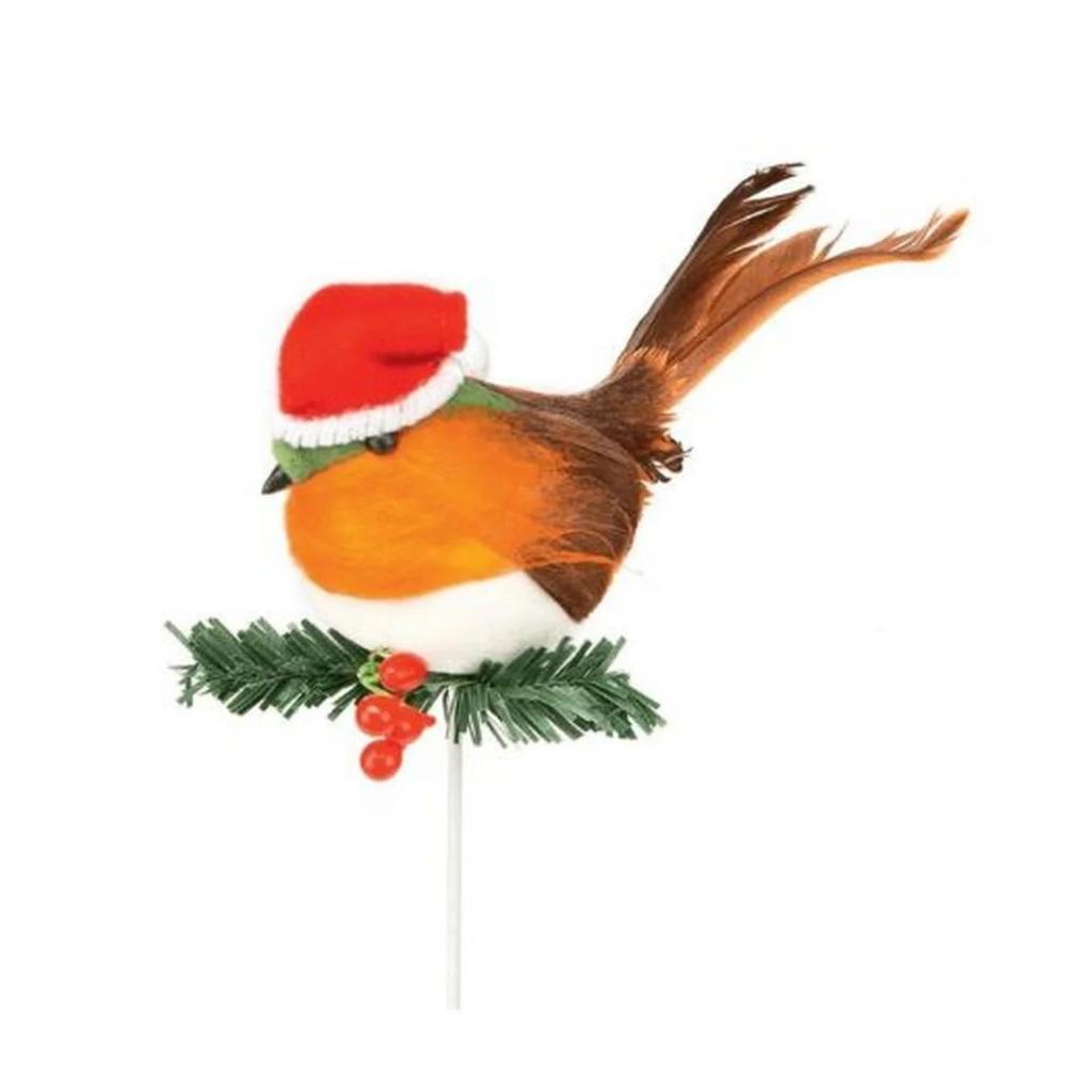 Premier Robin With Santa Hat Pick Christmas Decoration
