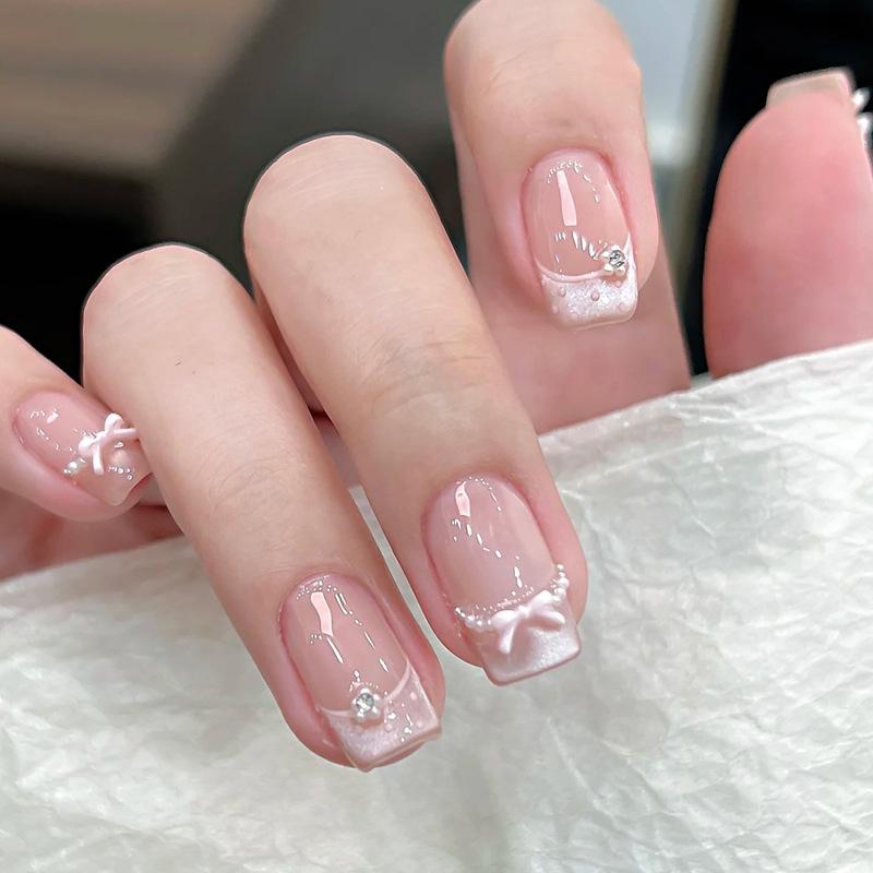 24Pcs Cute Short Square Press On Nails Cat Eye Glitter Diamond Full Cover Artificial Nail Tips For Girls
