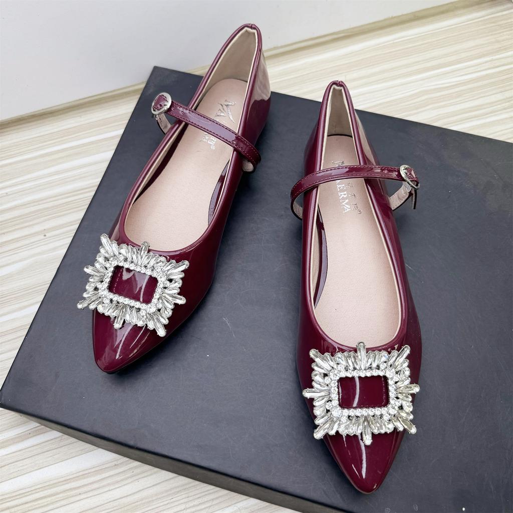 Fashion Flat Shoes for Women 2025 Spring Autumn Mary Jane Shoes Women Pointed Toe Rhinestone Square Buckle Patent Leather Plus Size Shoe