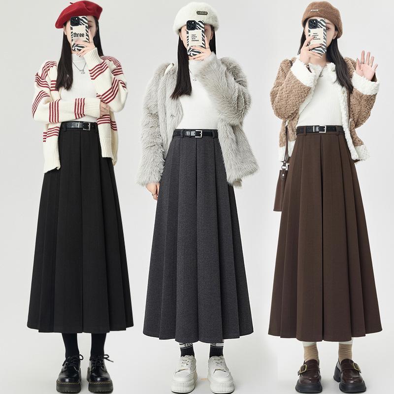 Autumn/Winter 2025 High-Waist Pleated A-Line Skirt - Slimming Woolen Mid-Length for Women
