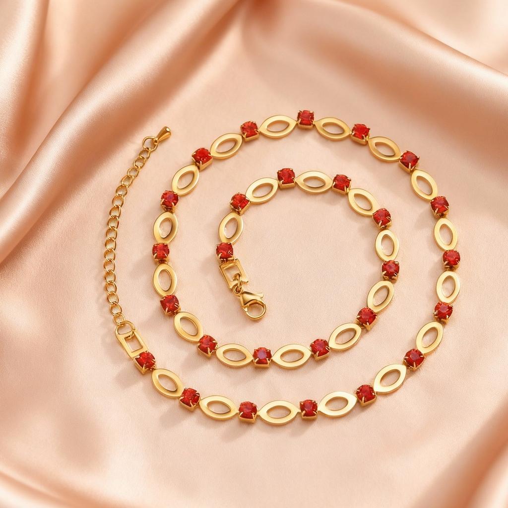 Stainless Steel Hollow Oval Chain Necklace for Women, Blue/Green/Red Zircon Adjustable Chain Bohemian Statement Jewelry Gifts