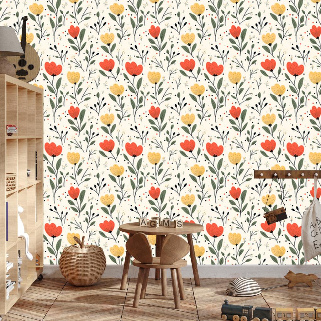 Wallpaper Flowers White, Light Gray, Cream and Lime 50x1000