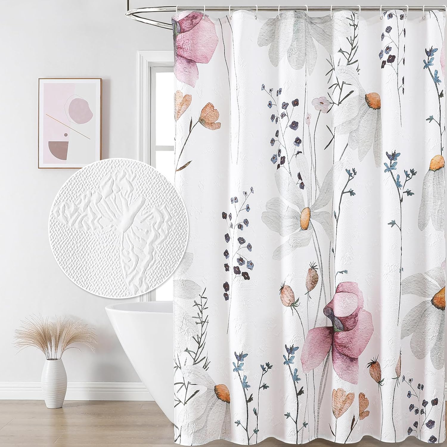 

QiyI Watercolor Floral Shower Curtain, 3D Embossed Butterflies, Grey Beige Flower, Minimalist White, Waterproof Fabric Textured 120x180cm