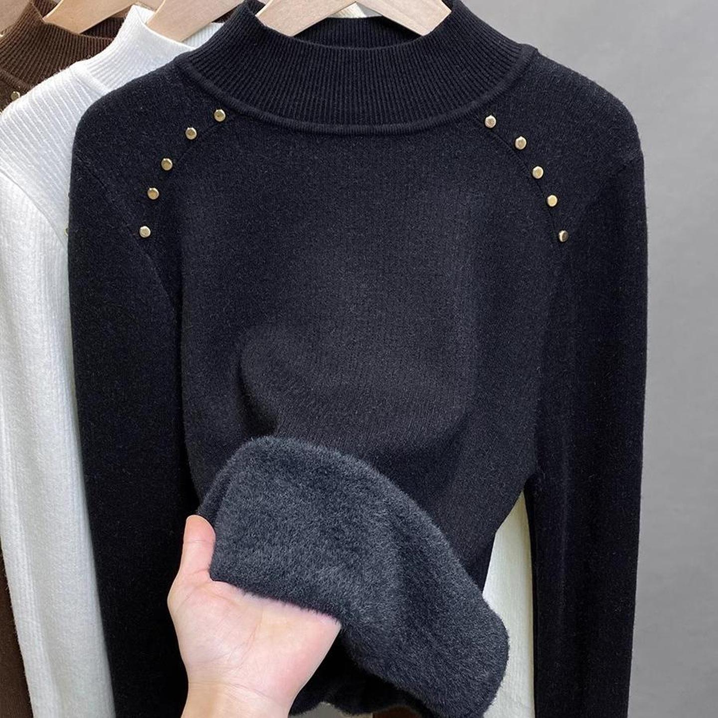 

Осень и зима теплый флисовый утолщенный цельный флисовый свитер женская базовая рубашка новый полувысокий воротник с вязаным верхом One size [recommended 80-60kg]