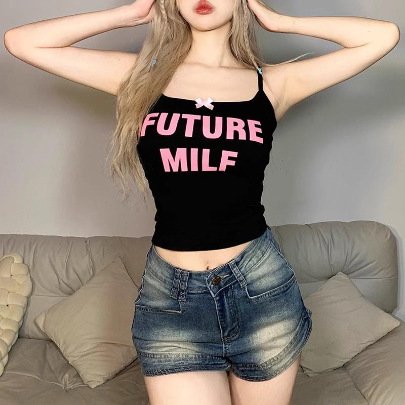 

Стиль Spicy Girl 2024 Майка-слинг с принтом букв - Летний облегающий модный женский топ Large чёрный