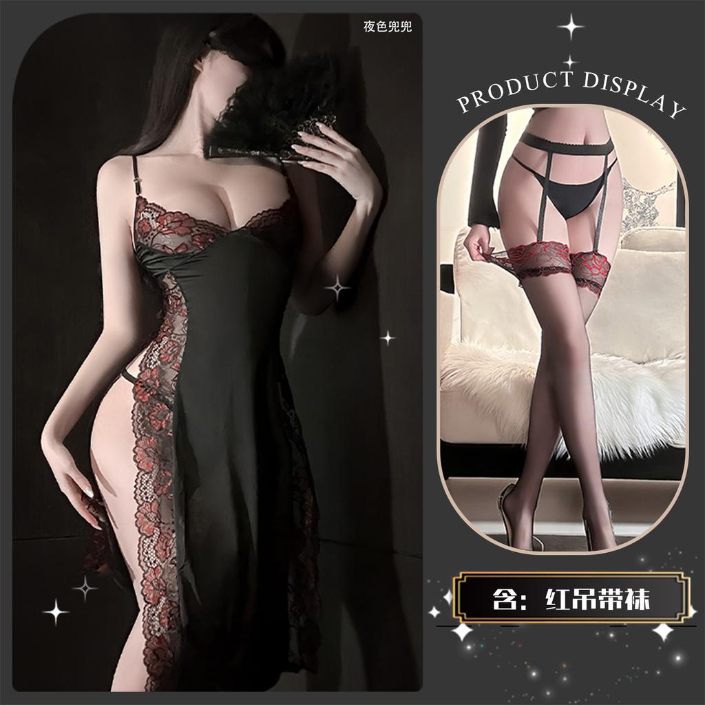 Sexy Underwear, Sexy Suspenders, Printed Slim-fitting Seduction Dress, Lace Leakage, Split Fork, Pure Desire Cheongsam