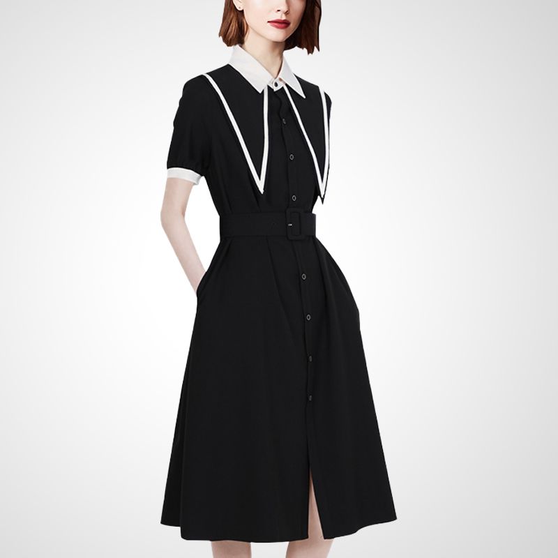 

2025 Новое поступление Молодежное платье с коротким рукавом в стиле кэжуал Летнее необычного дизайна Нишевый стиль Темпераментное С контролем талии Средней длины Платье-рубашка Black L