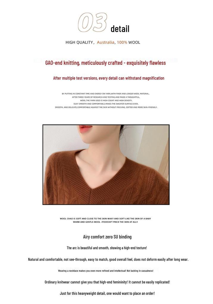 Women's V-neck Wool Twist Sweater - Thick, Loose, Long Sleeve Knit for Autumn/Winter