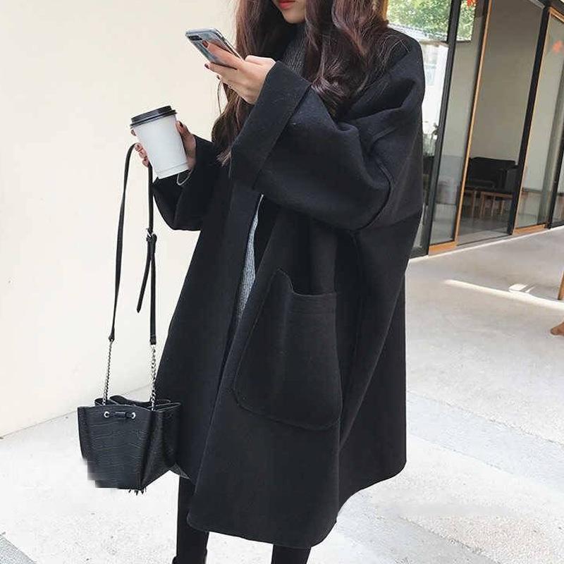 Elegant Black Faux Wool Outer Wear for Women Autumn Winter Korean Style Mid Length Loose Woolen Coat