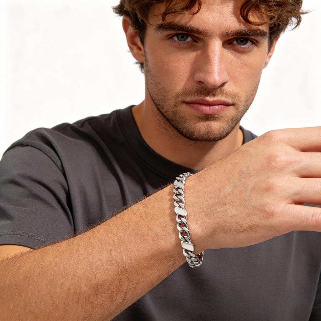New Men's Chain Bracelets,Silver Color Stainless Steel Cuban Link Wristband,Hip Hop Punk Jewelry Gift