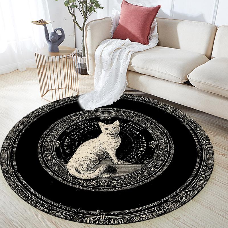 Floral Cat  Round Area Rug,Carpet Rug for Living Room Bedroom Sofa Playroom Decor,Non-slip Floor Mat