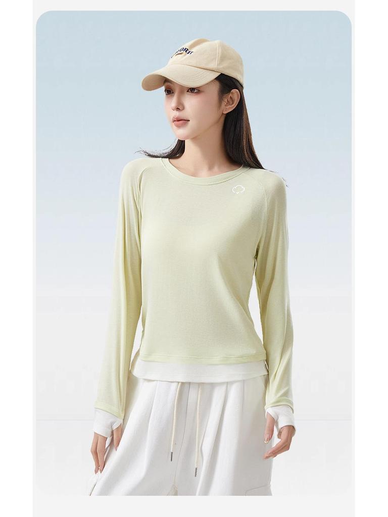 Dámské průsvitné tričko s dlouhým rukávem z lyocellu a lnu slim-fit s designem falešného dvoudílného vzhledu