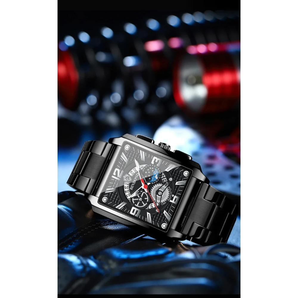 BINBOND Classic Men Watches Square Type Watch for Man Quartz Movement Stainless Steel Waterproof Luminous Date Trend Watch