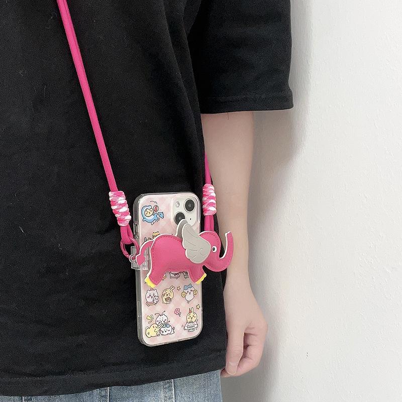 1 ks Kožený Sloní Telefon Crossbody Řetízek Stojánek Zadní Klip Držák Kreslený Odnímatelný Šňůrka Krční Popruh Ozdoby Telefonní Šňůrka