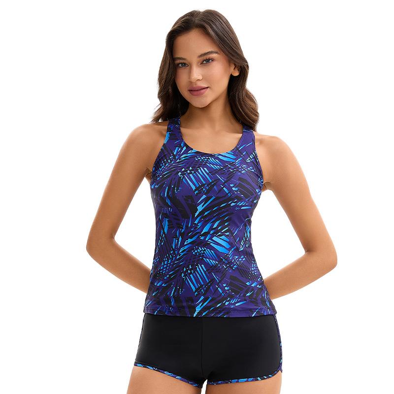 

Women s Blue Leaf Print Racerback Tankini Two-Piece Swimsuit with Shorts S синій
