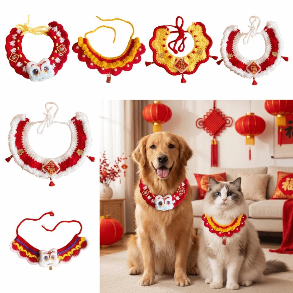 Cute Chinese Style Pet Scarf Knitted Material Handmade Cat Knitted Scarf Cartoon Adjustable Decorative Collar Spring Festival