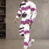 Men S Plus Size Tie Dye Printed Round Neck Long Sleeve Top Cuffed Pants Two Piece Set