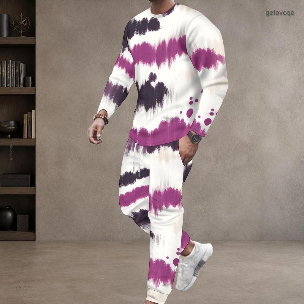 Men S Plus Size Tie Dye Printed Round Neck Long Sleeve Top Cuffed Pants Two Piece Set