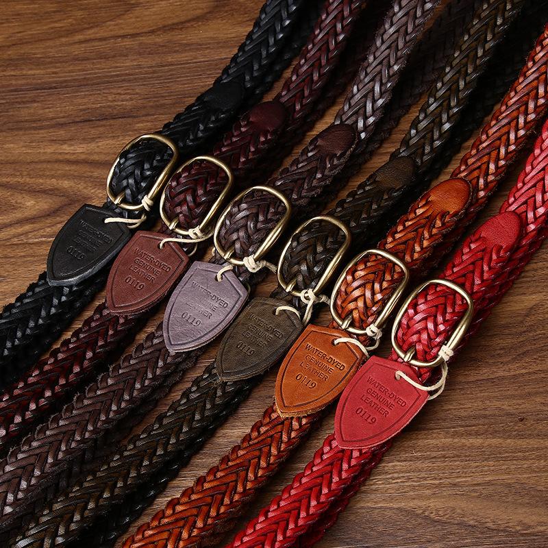 New Leather Copper Buckle Handwoven Belt Women'S Leather First Layer Cowhide Versatile Retro Woven Jeans Belt