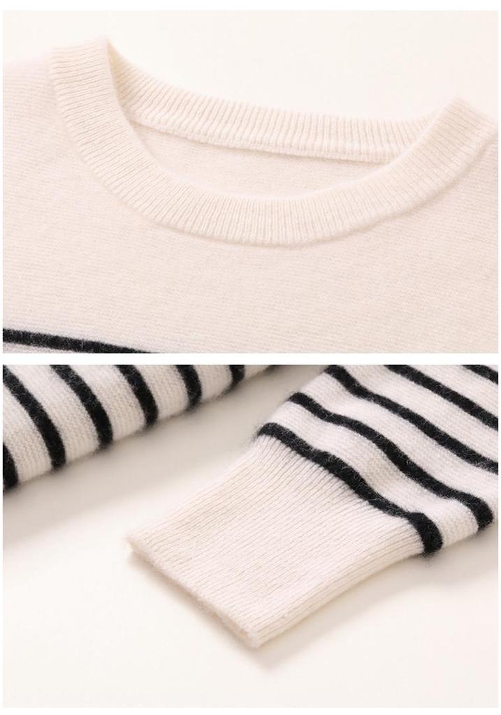 Women's Black & White Striped Round Neck Cashmere Sweater - New Autumn/Winter Style, Long-Sleeved, Color-Block Knit, Regular Fit.