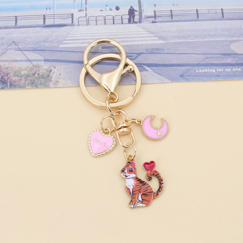 Derpy Moon Cat Keychain Pendant with Star Charm - Cute Kitten Bag Accessory