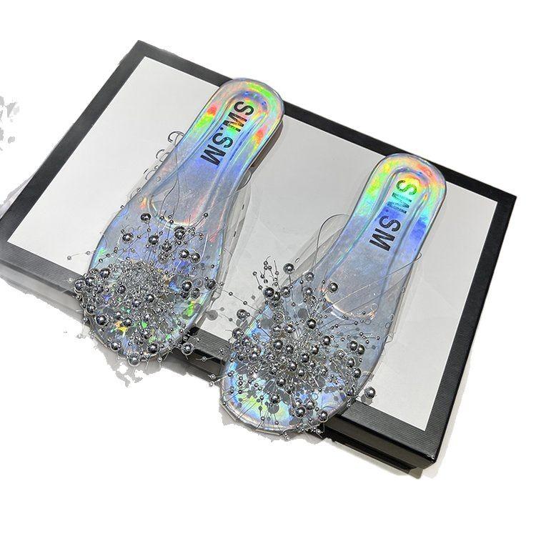 [Armano] Baotou Semi-slippers Women's Summer Wear Flat-bottomed Rhinestone Bows Transparent Soft-bottomed Fish Mouth Cool Slippers