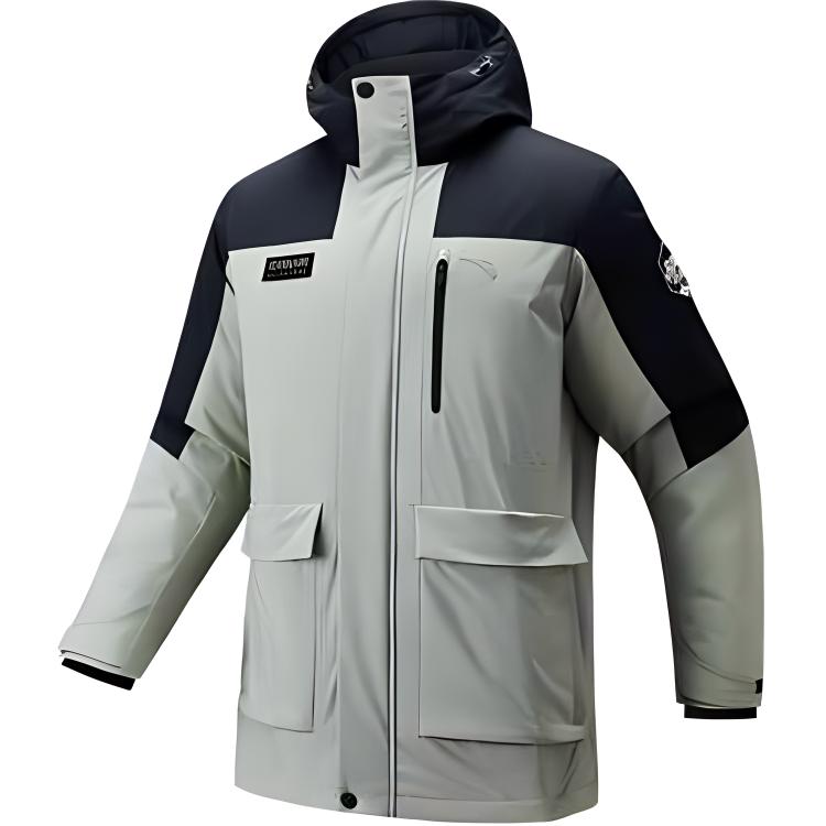 

Anta Mens Training Series Warm Color Block Hooded Zipper Windproof Water-Repellent Down Jacket Men outerwear Floating-Gray Basic-Black 152447929-2 XL