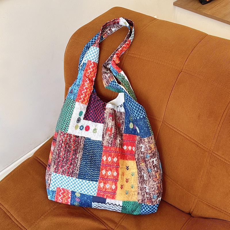 Denim canvas bag women's large-capacity versatile tote bag retro contrasting messenger bag