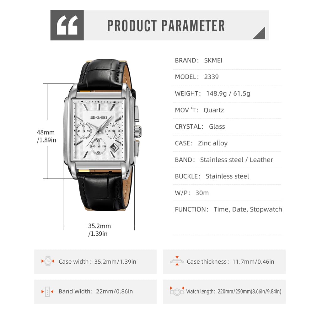 SKMEI Square Watch with Black Leather Stylish Luxury Silver Watch for Perfect for Gifts Men's Strap, Chronograph, Waterproof, Analog, Business/Casual,